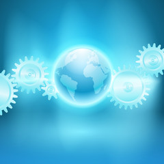 Abstract blue background with gear transmission and the globe