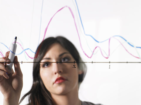 A young woman drawing coloured graph lines across a graph illustration, on a see through surface.