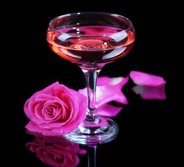 Composition with pink sparkle wine in glass and  rose isolated