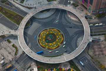 The Lujiazui Traffic Circle, with an elevated pedestrian promenade, Shanghai, China