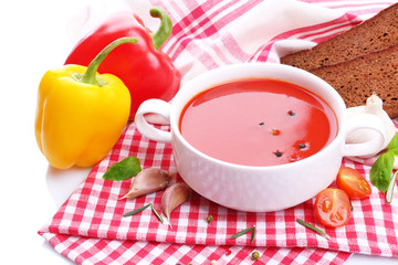 Tasty tomato soup and vegetables, isolated on white