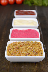Various sauces on table close-up