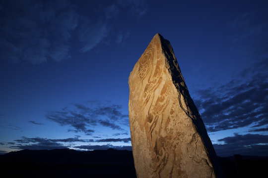 Deer stone marker, a standing stone with marks and inscriptions in Mongolia