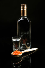 Bottle of vodka, red caviar  isolated on black