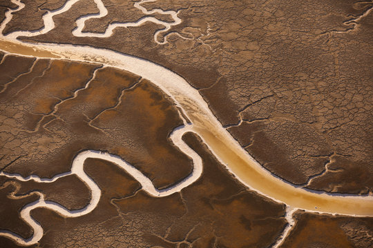 San Francisco Bay salt flats with glistening water channels in California, USA