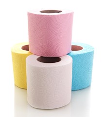 Colorful toilet paper rolls isolated on white