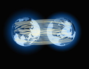Two globes linked by lines of light, representing global communication.
