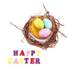 Easter eggs in wreath isolated on white