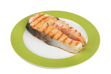 Tasty grilled salmon, isolated on white