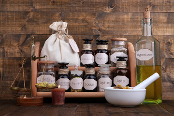 Historic old pharmacy bottles with label and Old-fashioned
