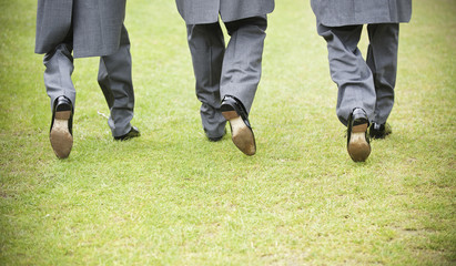 Groom and two best man in black shoes, grey trousers and morning coats walking along a lawn. Back view. 