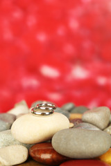 Fototapeta na wymiar Wedding rings on rocks on red background