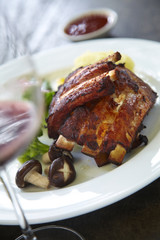 pork rib grill and red wine in sun light