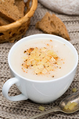 cream soup of cauliflower with cheese and pepper, vertical