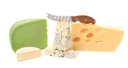 Various delicious cheese types with knife.