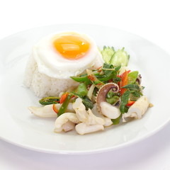 fried basil leave with squid and white rice ,fried egg