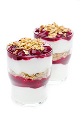 layered dessert made of yogurt, granola and cherry