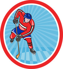 Ice Hockey Player Front With Stick Retro