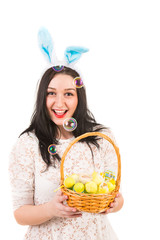 Cheerful Easter woman with soap bubbles