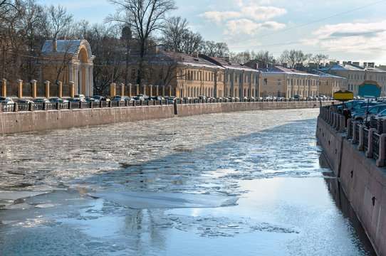 drifting ice on the Fontanka river embankment in St Petersburg