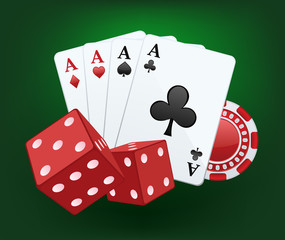 Casino vector splash. Illustration of red dices, cards and chips