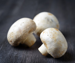 Fresh champignons on black wooden board