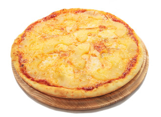 Pizza with pineapple and ham isolated on white