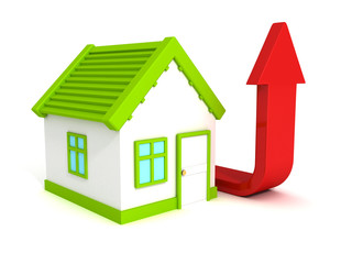 house with red growing arrow, real estate price rising concept