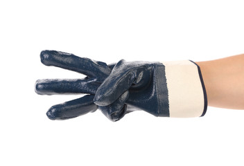 Gloved hand with pointing  three fingers