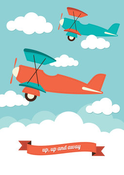 Illustration of biplanes in the clouds