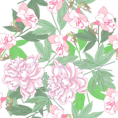 White Seamless pattern  with pink peonies and flowers
