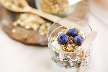Healthy food: Homemade fresh yogurt with  blueberries and muesli
