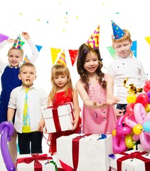 Croup of happy children celebrating birthday