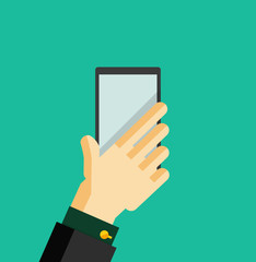 Hand holding smart phone trendy flat design