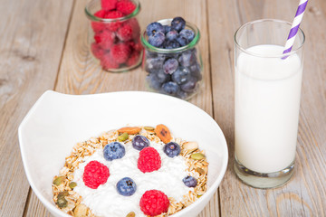 Fresh yoghurt with home made cereals and muesli, fresh raspberry