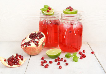 Two glasses with red pomgranate juice, lime and mint.
