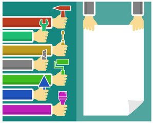 background with hand and tools