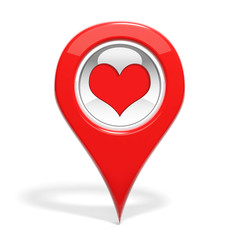 Red round 3D pin with heart symbol isolated
