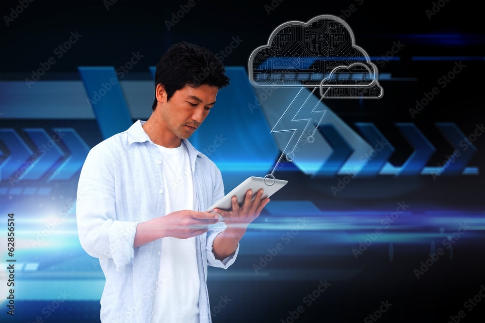 Poster casual man using tablet with cloud graphic