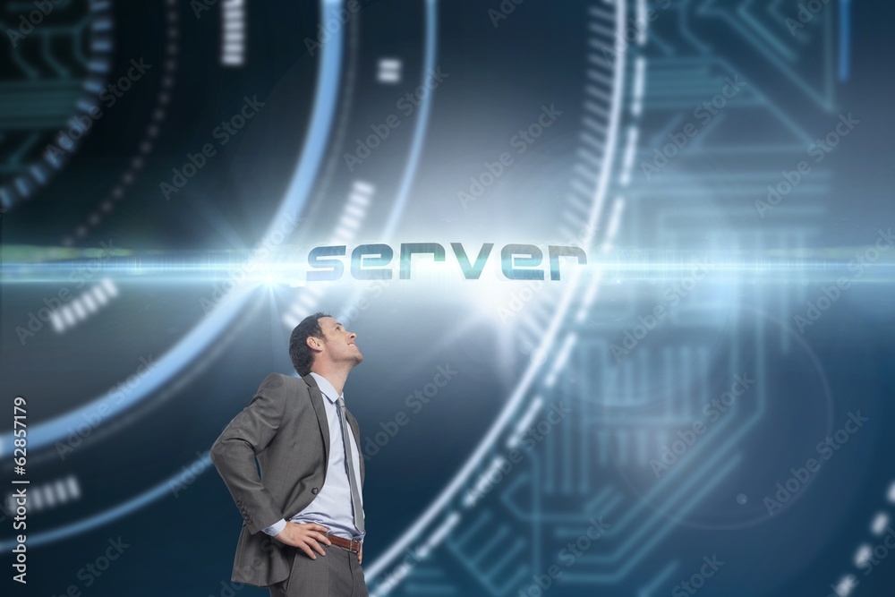 Poster server against futuristic technological background