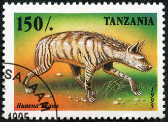 stamp printed in Tanzania shows hyena hyaena
