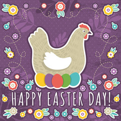 greetings card with easter eggs and one hen