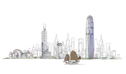 Fototapeta premium Artistic sketch of Hong Kong bay, sketch collection