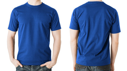 man in blank blue t-shirt, front and back view - obrazy, fototapety, plakaty