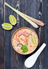 Spicy Thai Tom Yam soup with seafood