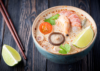 Spicy Thai soup Tom Yam Kung. Sea Food..