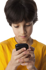 Eight year old boy reading text message
