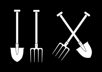 Spade and pitchfork on black background