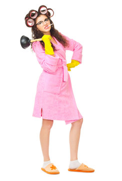 Funny housewife with plunger
