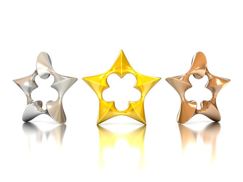 abstract 3d stars - gold, silver, bronze